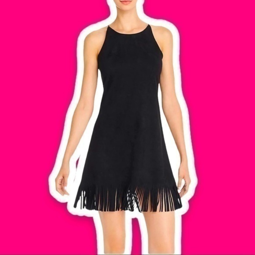 AQUA BLOOMINGDALE’S M Faux Suede Fringed Bodycon Mini Dress